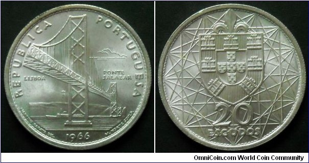 Portugal 20 escudos.
1966, Opening of Salazar Bridge. Ag 650. Weight; 10g. Diameter; 30mm. Reeded edge. Mintage; 2.000.000 units.