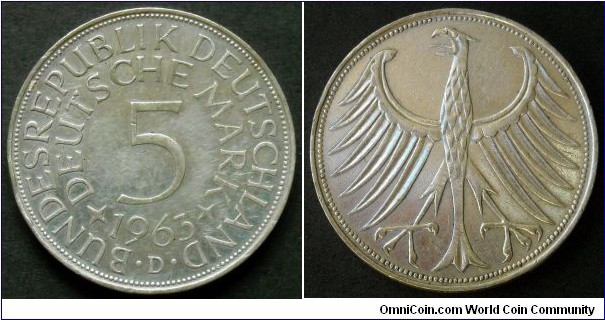 Federal Republic of Germany 5 mark.
1963, Ag 625. Weight; 11,2g. Diameter; 29mm. 
Mintmark 