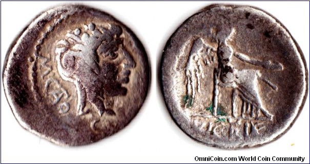Silver quinarius of the Roman republic depicting M Porcius Cato, a senator during the latter years of Julius Caesar.