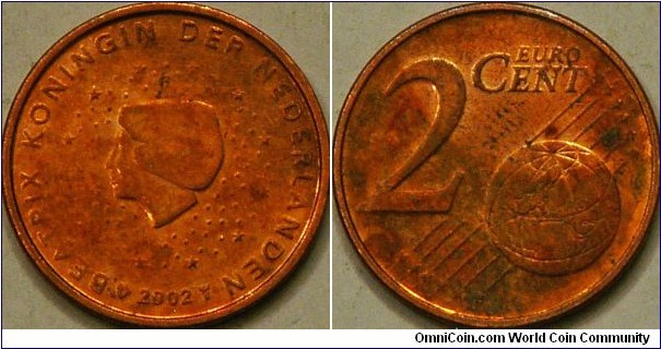 2 Euro cent, with Queen Beatrix, found in change, same size as US 1 cent coin.  19 mm, Copper-covered steel