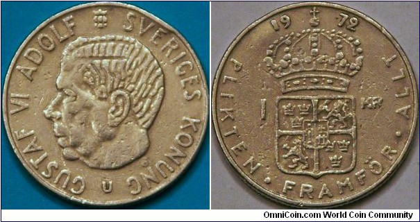 1 Krona, with Gustaf VI Adolf. Son found in circulation, slightly larger than US quarter, 25 mm, Cu-Ni