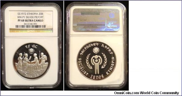 1980(EE1972) Ethiopia 20 Birr Silver Year of the Child Piedfort KM-P1 Original Mintage of 39. NCS/NGC PF68 UC