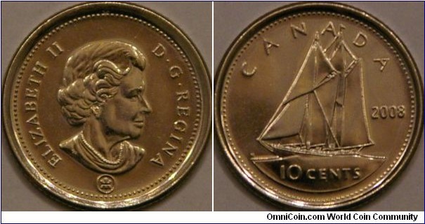 10 cents, featuring 4th portrait of Queen Elizabeth. Reverse features the Bluenose, a Canadian schooner from Nova Scotia. 18 mm, NI plated Steel. Ref http://en.numista.com/catalogue/pieces377.html