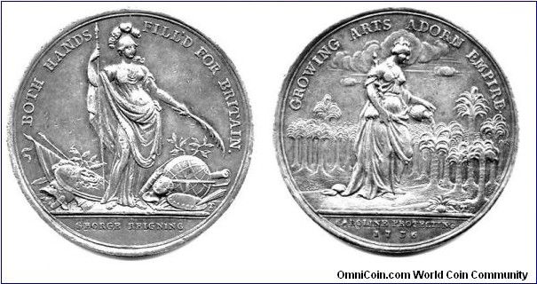 1736 UK Caroline Protecting Medal. Silver 38mm./21 gm.
Obv: The design and legend indicate the protection afforded by the Queen to the Plantations. Rev: Depict Caroline watering young plants with Palmetto tree in the background.
