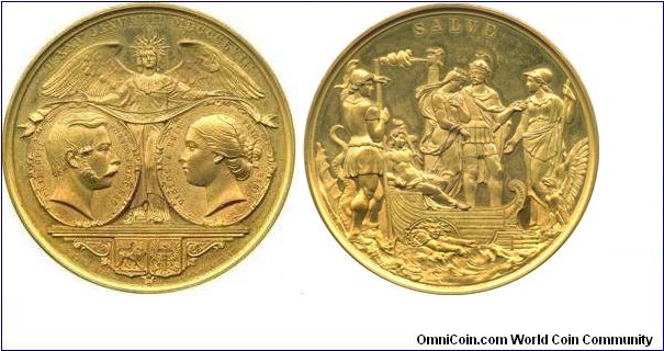 1858 UK Victoria, The Marriage of Princess Victoria to Prince Frederick of Prussia Medal by G. Loos & W. Kullrich. Gilt- Bronze 53.6MM
Obv: medallic busts vis-a-vis, supported by angel, Rev: the Princess in medieaval galley, is greeted on arrival by Prussia, watched by St George and Britannia, SALVE
