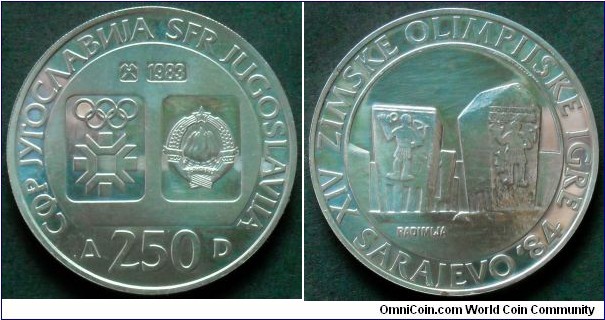 Yugoslavia 250 dinara. 1983, XVI Winter Olympics - Sarajevo 1984 / Radimlja Tombs.
Ag 925. Weight; 17g. Diameter; 34mm.
Mintage: 110.000 units.