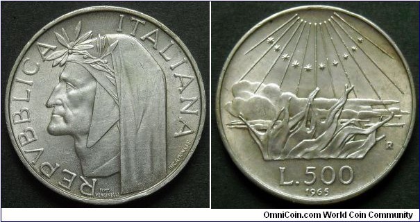 Italy 500 lire.
1965, Dante Alighieri. Ag 835.
Weight; 11g.
Diameter; 29,3mm.
Mintage: 4.272.000 units.