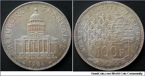 France 100 francs.
1984, Building of the Pantheon.
Weight; 15g.
Diameter; 31mm.
Mintage: 4.986.800 units.