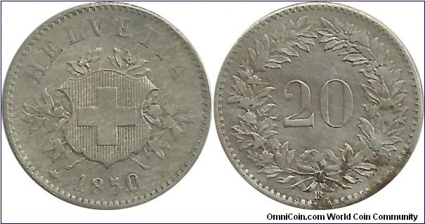 Switzerland 20 Rappen 1850B (Silver coin)