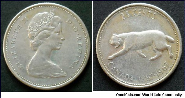 Canada 25 cents.
1967, Confederation Centennial. Ag 500