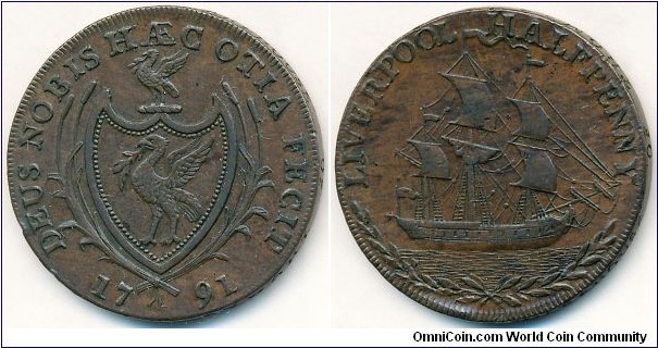 Liverpool, arms/ship, 1/2 Penny. Thomas Clarke edge. 