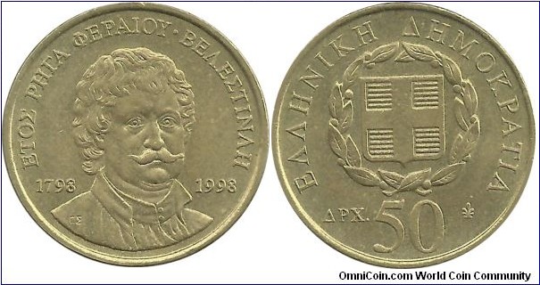 GreeceRepublic 50 Drahmes 1998-Rigas Feraios 200th year