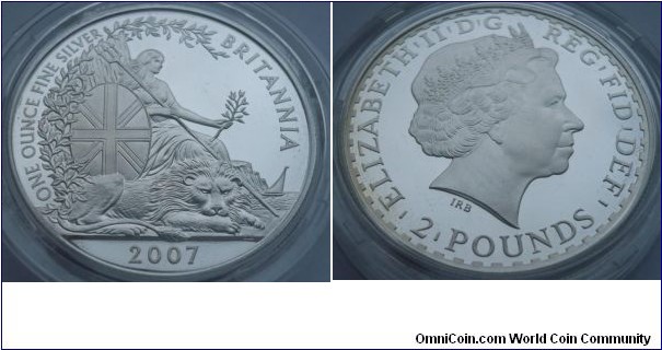 2007 UK Britannia Two Pound Coin. Silver: 1 oz. Mintage: 2500
