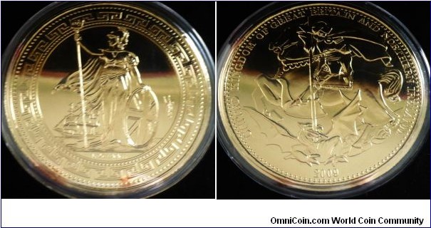 2009 UK Britiannia Crown size St. George & the Dragon Medal. Gold plated 89MM./300 gm, Mintage 203/999
