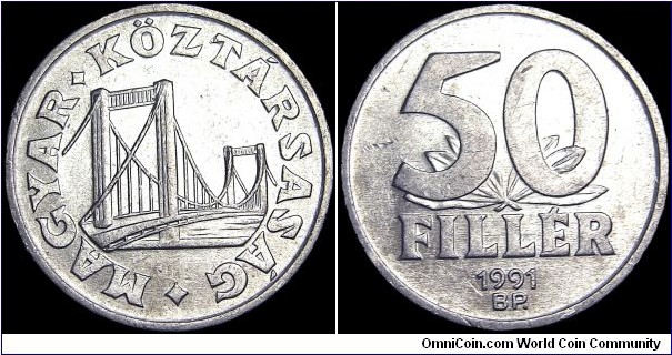 Hungary - 50 Filler - 1991 - Weight 1,2 gr - Aluminium - Size 19,78 mm - Thickness 1,4 mm - Alignment Medal (0°) - Designer / Reményi József - Mintmark BP = Budapest - Edge : Smooth - Mintage 31 250 000 - Reference KM# 677 (1990-99)