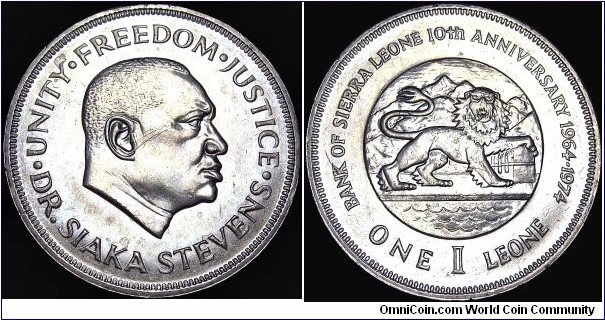 Sierra Leone - 1 Leon - 1974 - Weight 28,7 gr - Copper-Nickel - Size 38,6 mm - Alignment Medal (0°) - President / Siaka Stevens (1971-85) - Subject / Bank of Sierra Leone 10th Anniversary 1964-1974 - Edge : Smooth - Mintage 103 000 - Reference KM# 26 (1974)