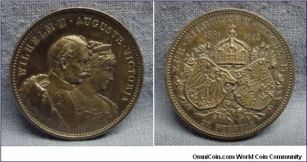 1906 German Empire. Wilhelm II & Auguste Medal. Silver 34MM
