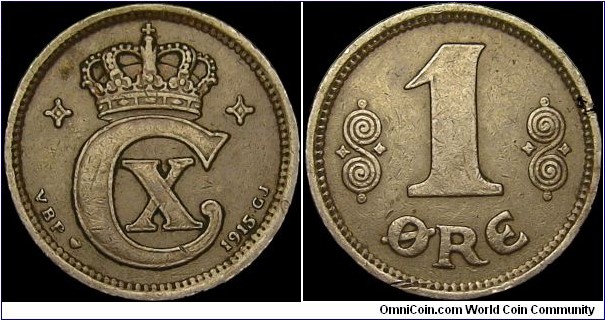 Denmark - 1 Öre 1915 - Weight 2,0 gr - Bronze - Size 16 mm - Thickness 1,0 mm - Alignment Medal (0°) - Ruler / King Christian X (1912-47) - Mintmark Heart = Kopenhagen. Denmark - Edge : Smooth - Mintage 4 940 000 - Reference KM# 812.1 (1913-23)