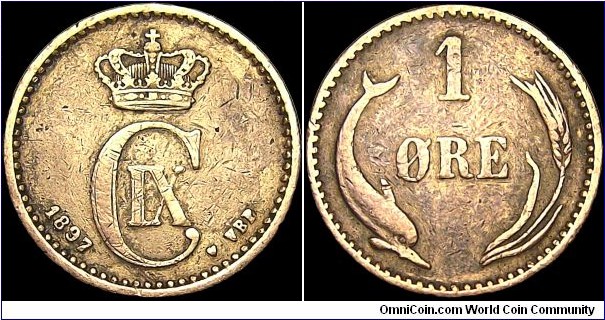 Denmark - 1 Öre - 1897 - Weight 2,0 gr - Bronze - Size 16 mm - Thickness 1,3 mm - Alignment Medal (0°) - Ruler / Christian IX (1863-1906) - Mintmark Heart = Kopenhagen. Denmark - Edge : Smooth - Mintage 2 988 000 - Reference KM# 792.2 (1874-1904)