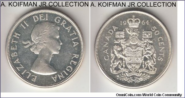 KM-56, 1964 Canada 50 cents; silver, reeded edge, proof like; Elizabeth II, some usual chatter in the fields on obverse, probably about MS-62/63.