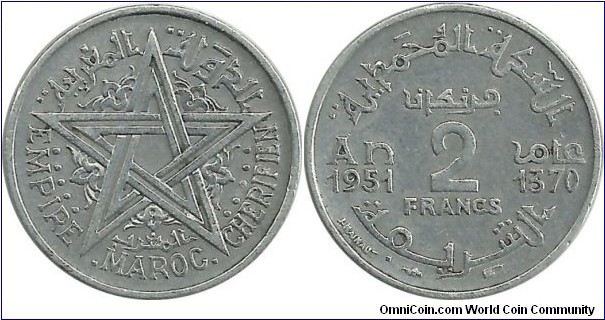 Morocco 2 Francs AH1370-1951