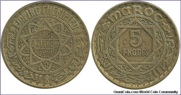 Morocco 5 Francs AH1365(1945)