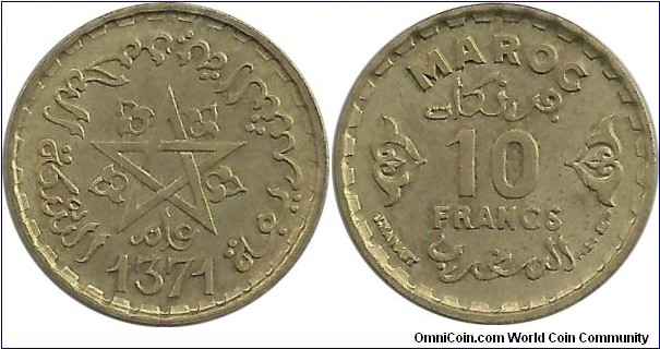Morocco 10 Francs AH1371(1952)