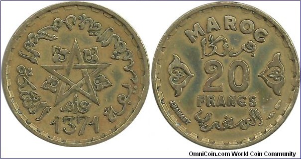Morocco 20 Francs AH1371(1952)