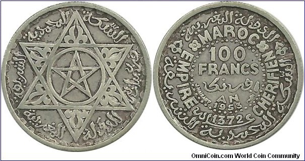 Morocco 100 Francs AH1372-1953