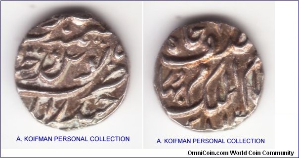 India Princely State Hyderabad 1/8 rupee, ruler Mir Mahboob Ali Khan II (AH1285-1329/AD1868-1911); silver, AH13xx.