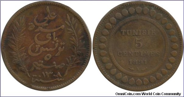 Tunisia 5 Centimes 1308-1891A