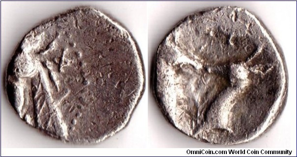 Ephesos silver di-obol. Obverse: Bee (off centre strike) Reverse: Two Stag heads