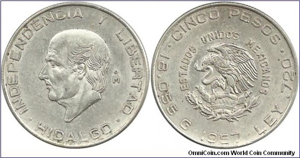 Mexico 5 Pesos 1957(.720 Ag)