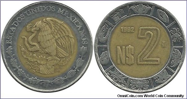 Mexico 2 Nuevos Pesos 1992