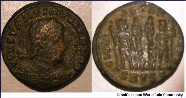 Constantine II 337-340 AD  RIC VII 199
Denom: AE3; Mint: Thessalonica;Date:330-335 AD
Obv: CONSTANTINVS IVN NOB C - Laureate, cuirassed bust right
Rev: GLORI-A EXER-CITVS - two soldiers holding spears and shields with two standards between them
Exergue: SMTSB