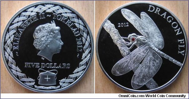 5 Dollars - Dragon fly - 25 g Ag .925 Proof (with one red Swarovski crystal) - mintage 2,500