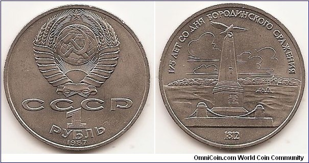 1 Rouble (U.S.S.R)
Y#204
Copper-Nickel, 31 mm. Subject: 175th Anniversary - Battle of Borodino Obv: National arms with CCCP and value below Rev: Kutuzov Monument Edge: Cyrillic lettering