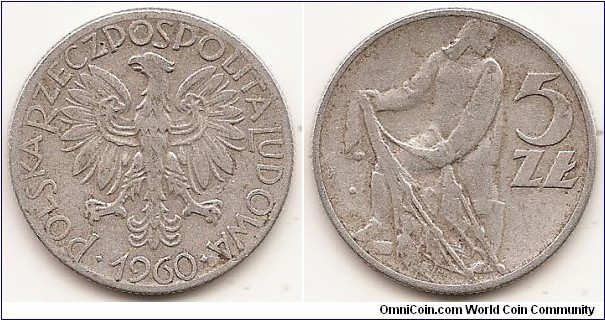 5 Zlotych
Y#47
3.4500 g., Aluminum, 29 mm. Obv: Eagle with wings open Obv. Designer: W. Jastrebowski Rev: Fisherman with net Rev. Designer: J. Goslawski Edge: Reeded