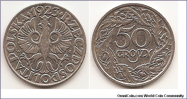 50 Groszy
Y#13
5.0000 g., Nickel, 23 mm. Obv: Crowned eagle with wings open Rev: Value within wreath