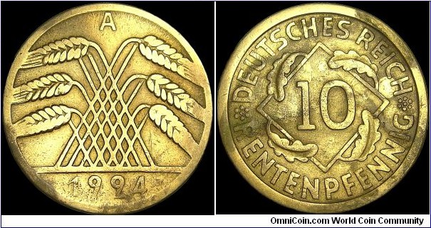 Germany - Weimar Republic - 10 Rentenpfennig - 1924 - Weight 3,9 gr - Aluminium-Bronze - Size 21 mm - Alignment Coin (180°) - President / Friedrich Ebert (1919-25) - Mintmark A = Berlin - Edge : Reeded - Mintage 169 956 000 - Reference KM# 33 (1923-25)