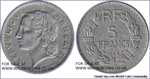 Five Francs
Aluminium
Mint Mark B
Mint Beaumont-Le  Roger
