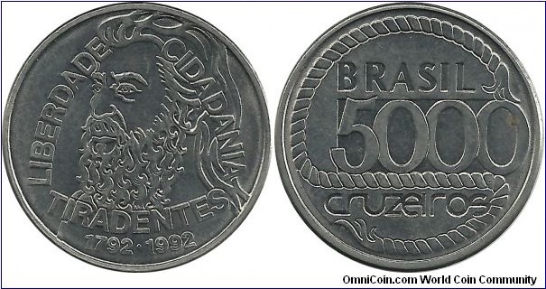 Brasil 5000 Cruzeiros 1992 - 200th Anniversary - Death of Tiradentes