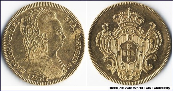 Half Johanna 1796,
Maria I.
6400 Reis (4 Escudos)
Gold 14.34g /31 mm
Rio De Janeiro mint,
Australian Proclamation Coin,
PC38