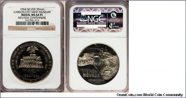 HK-unlst Carson City Mint Museum Nevada Centennial Silver SC$1 NGC MS-64PL