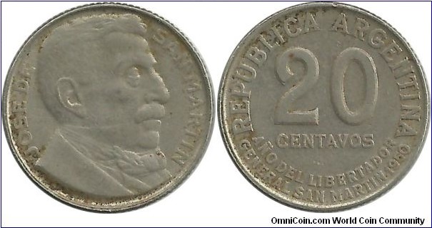 Argentina 20 Centavos 1950-Ni, Centennial death of Liberator Gn. San Martin