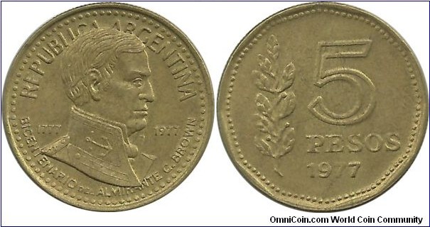 Argentina 5 Pesos 1777-1977, Admiral G. Brown Birth Bicentennial