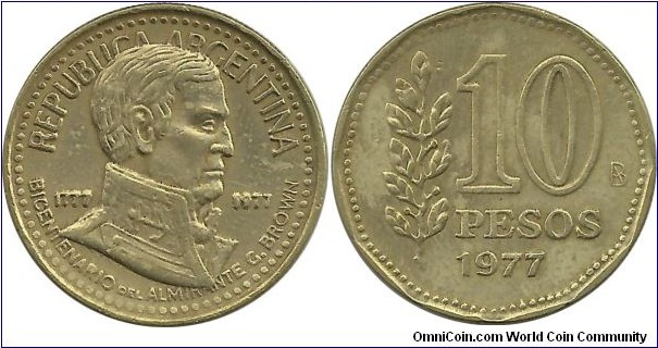 Argentina 10 Pesos 1777-1977, Admiral G. Brown Birth Bicentennial