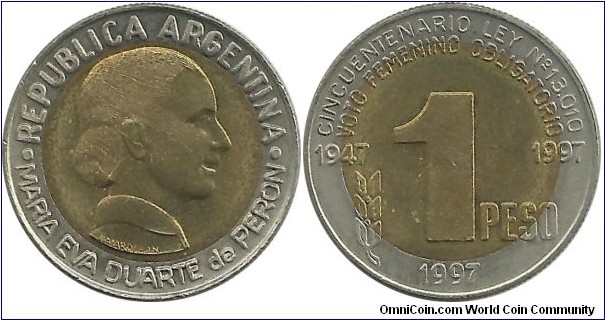 Argentina 1 Peso 1997 (Eva Duarte de Peron - 50th Anniversary Women's Suffrage Law 1947-1997)