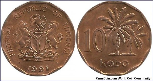Nigeria 10 Kobo 1991 - reduced size