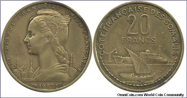 French Somaliland 20 Francs 1952